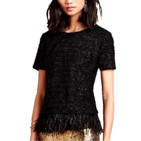 Deletta Tops - Anthropologie, Delletta Black Women's Metallic Thread Top w/ Feathers , Size S